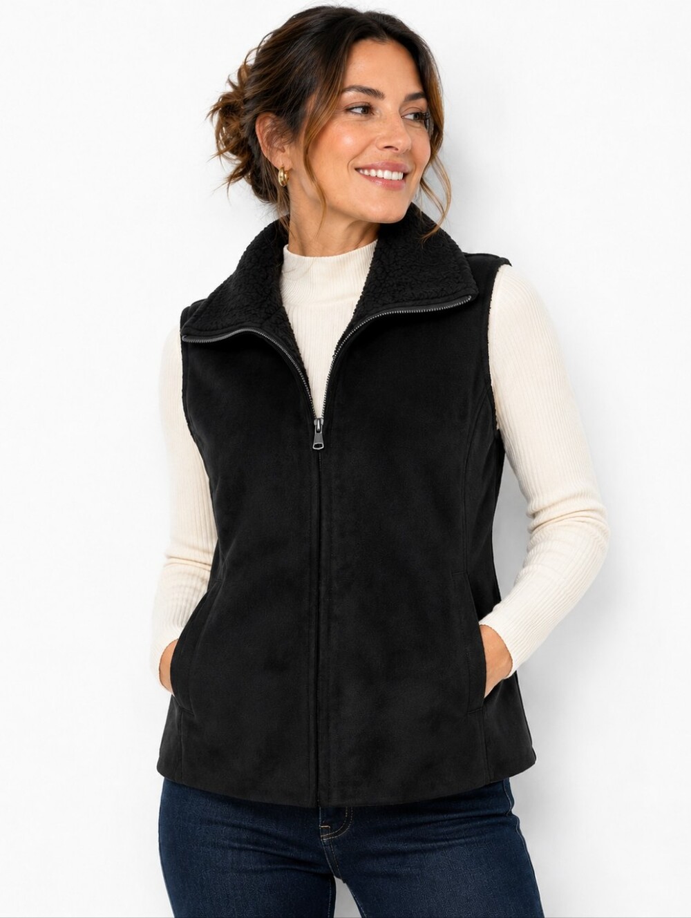 Lauren Ralph Lauren Vest Size L Black Faux Suede Sherpa Lined Full Zip
